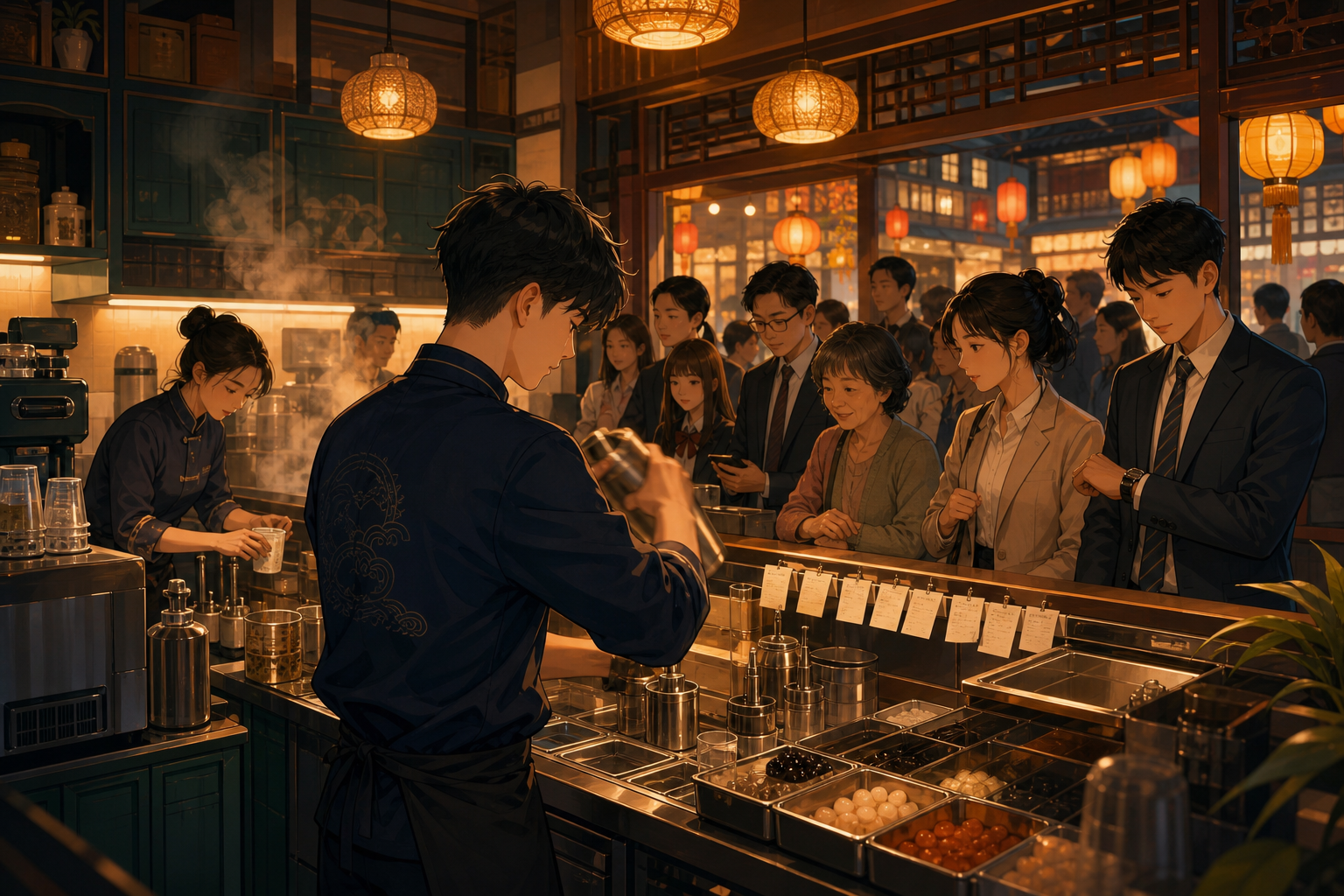 A lively evening service scene from Lantern Night Market