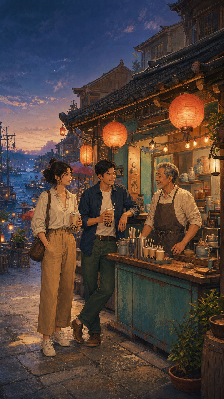 Lantern Night Market key art with visitors at a harbour stall