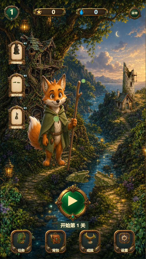 Moon Dew Forest home scene with the fox guide and repairable landmarks